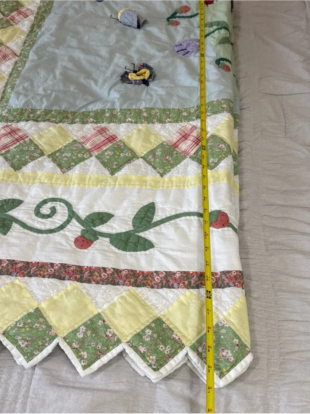 Vtg Floral Patchwork Quilt Applique Butterflies Prairie Point Edge Sz Full 80''
